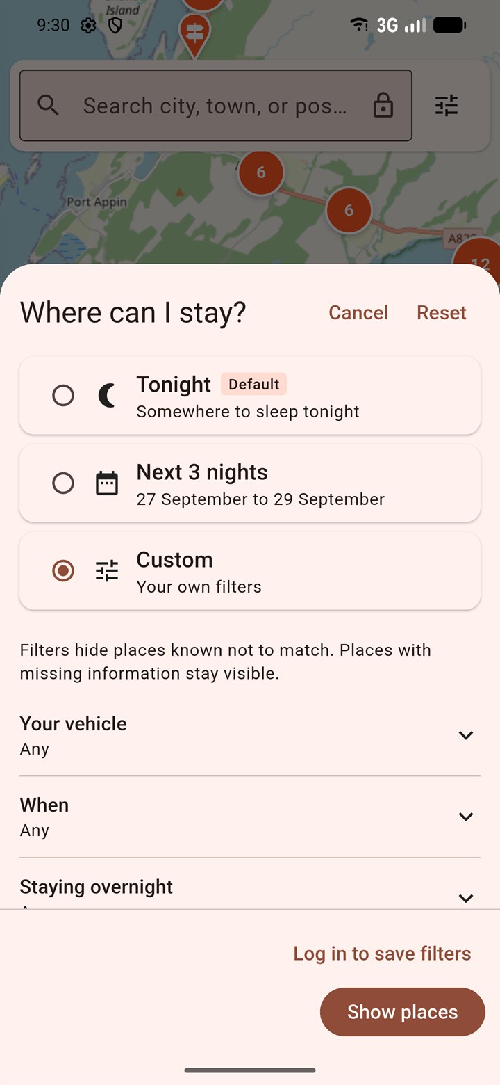 The Where can I stay? filters: tonight, the next three nights, or your own filters for vehicle and dates