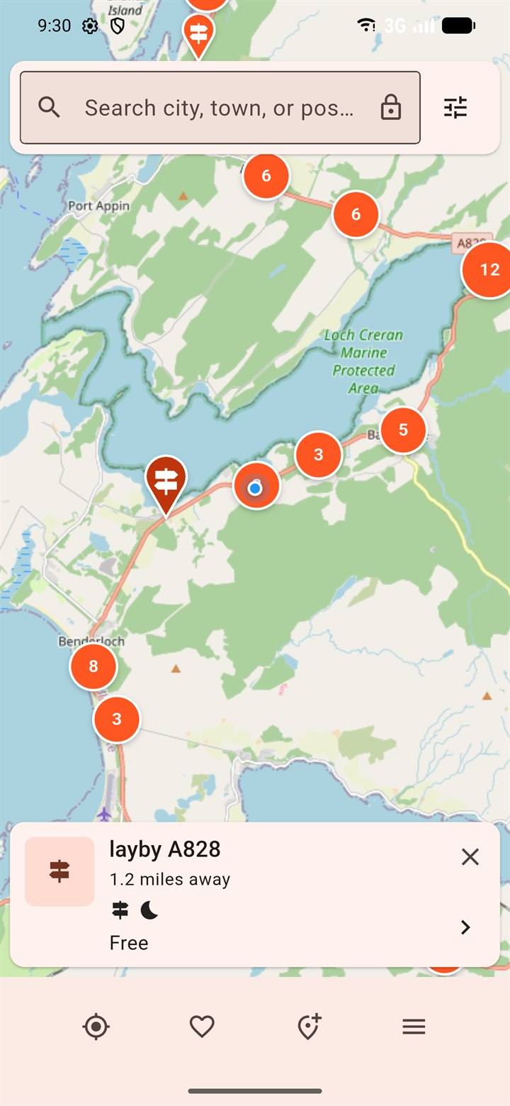 The RoamOver map around Loch Creran, with a lay-by selected: free, overnight OK, 1.2 miles away